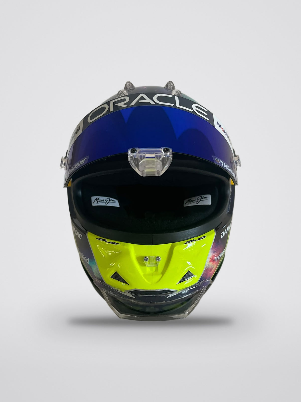 Isack Hadjar 2026 season mini helmet, 1:2 scale, visor raised, showing the interior lining