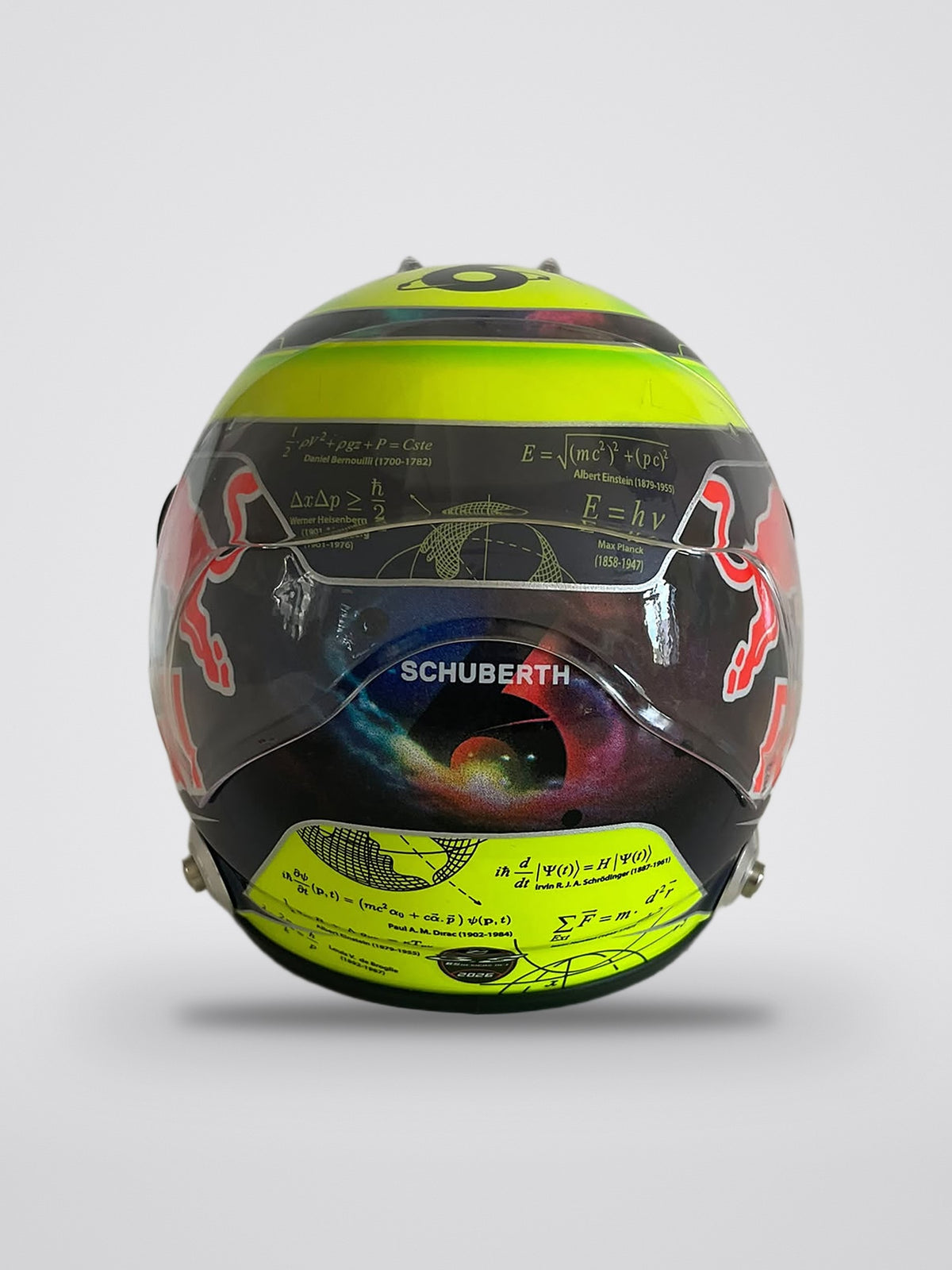 Isack Hadjar signed 2026 season mini helmet, 1:2 scale, back: the physics equations, the Schuberth logo and the nebula