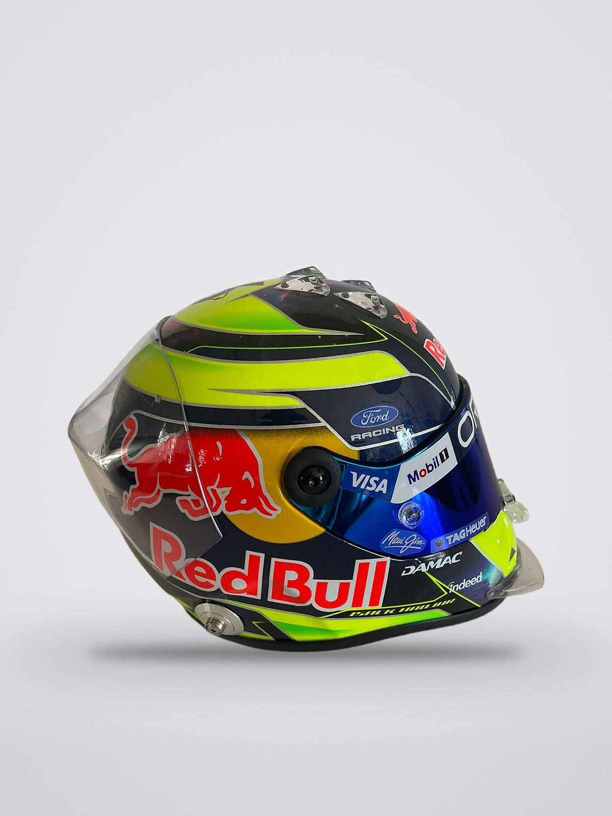 Isack Hadjar signed 2026 season mini helmet, 1:2 scale, right side: Red Bull livery, Ford Racing and his name