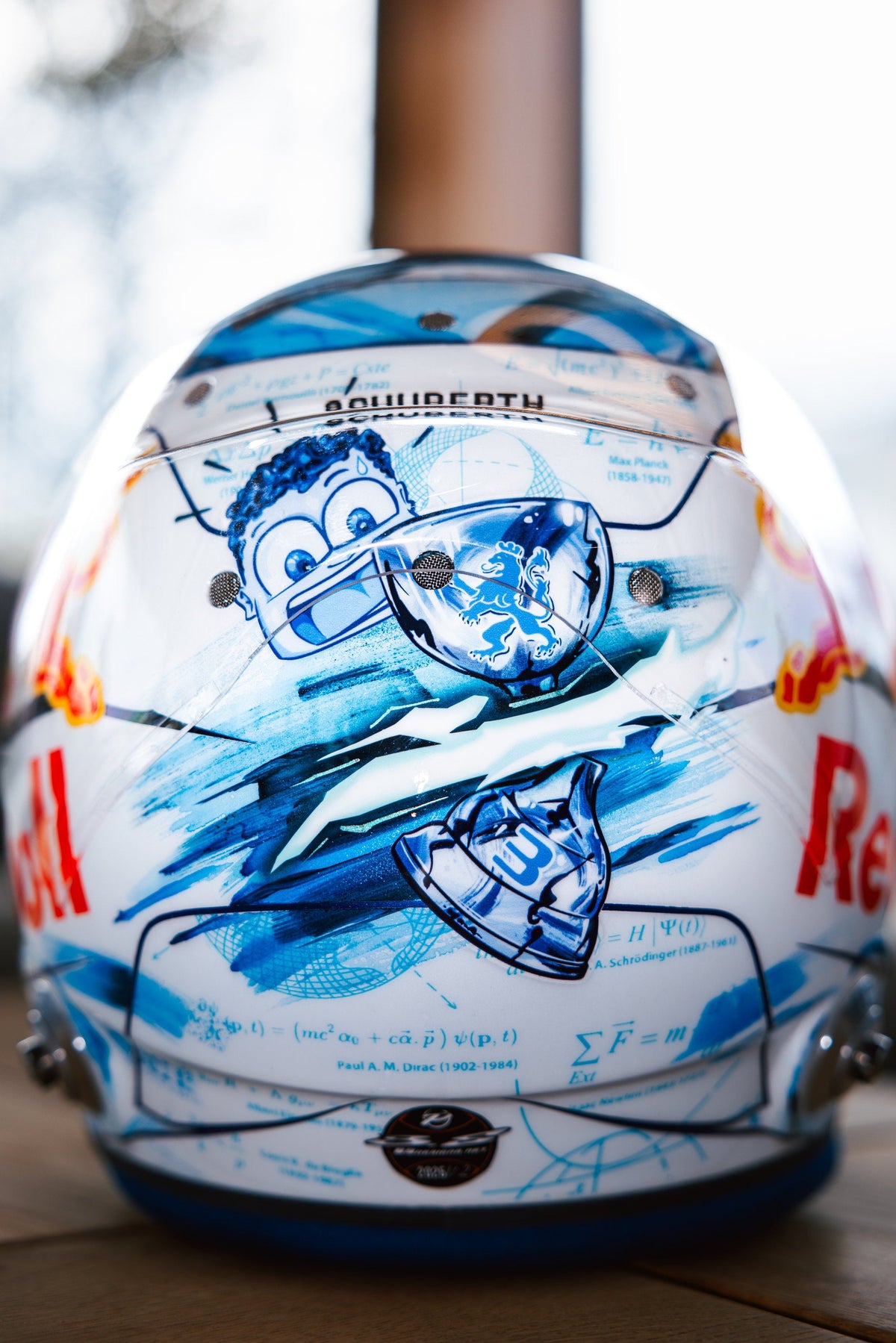 Back of the helmet: the cartoon, the Delft trophies and the physics equations